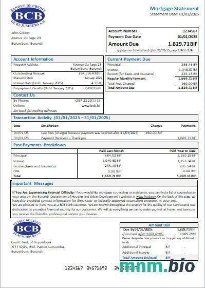 Burundi Bank Kredytowy Bujumbury wyciąg z kredytu hipotecznego szablon Word i PDF